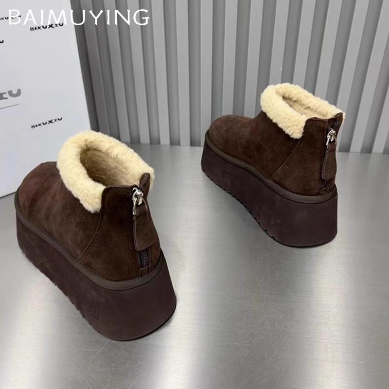 Wildleder Plattform Frauen Schnee Stiefeletten Designer Pelz Kurze Plüsch Mid Heels Baumwolle Schuhe 2025 Trend Warm Zipper Winter Botas Mujer