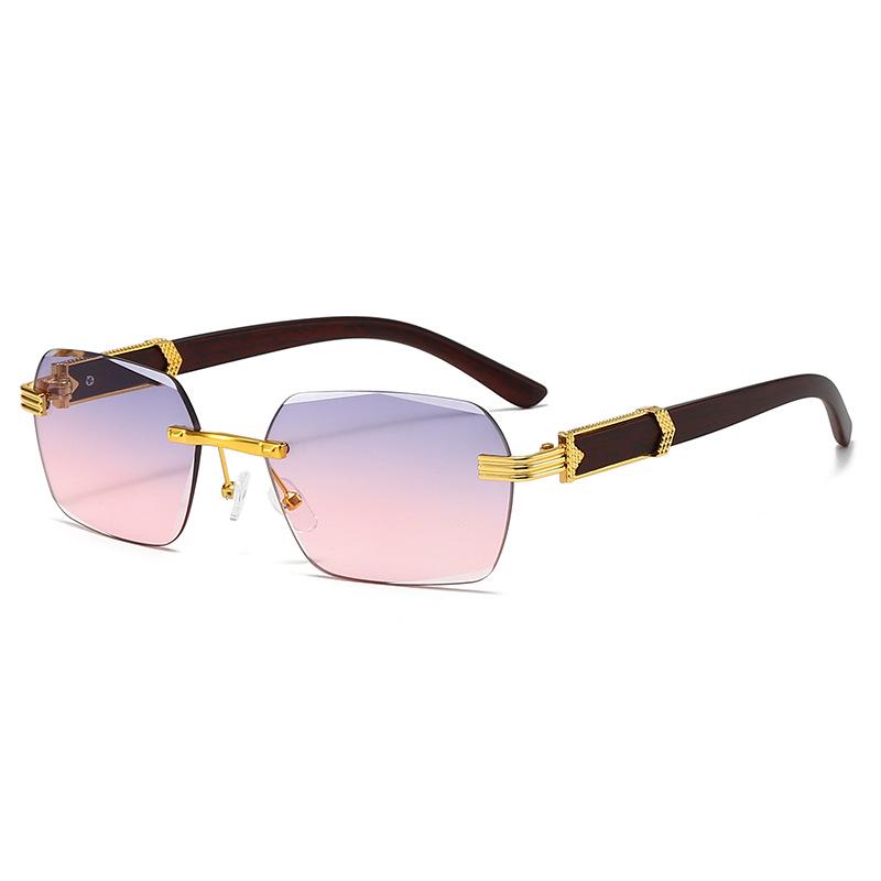 Trendy Frameless Sunglasses with Wood Grain Legs - European and American Irregular Square Design