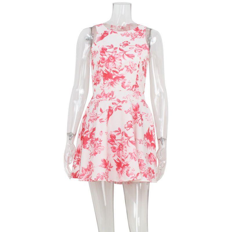 Niche Design Cross-Border New Arrival Women's Clothing Sleeveless Printed Open Back Shoelace Sexy French Style Elegance Slim Looking Dress