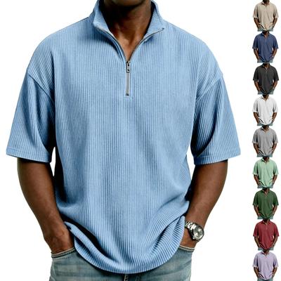 T-shirt à demi-fermeture éclair pour homme, Chemise à manches courtes en velours côtelé, Haut décontracté ample de couleur pour l'été