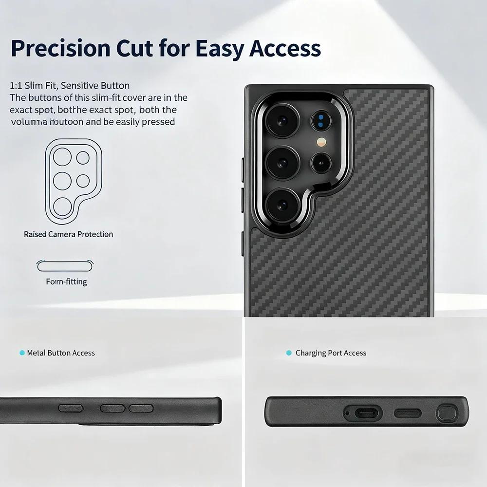 Classic Texture Carbon Fiber MagSafe Case For Samsung Galaxy S25 S24 Plus Ultra Alloy Lens Shockproof Cover