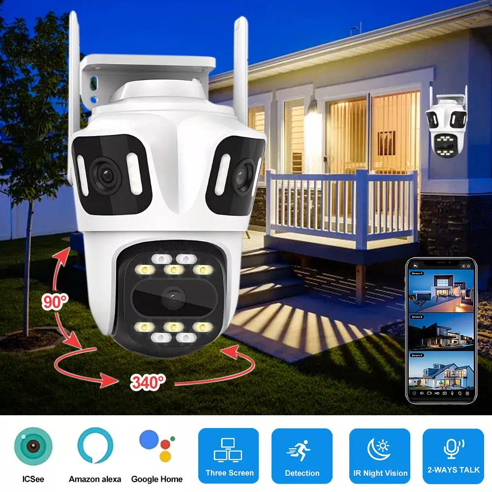 Three Lens Three Screen WiFi Camera 6K 8MP Four Lens 8X Zoom Outdoor PTZ Security Camera Smart Security Protection IP Cam CCTV Video Camera EU Plug