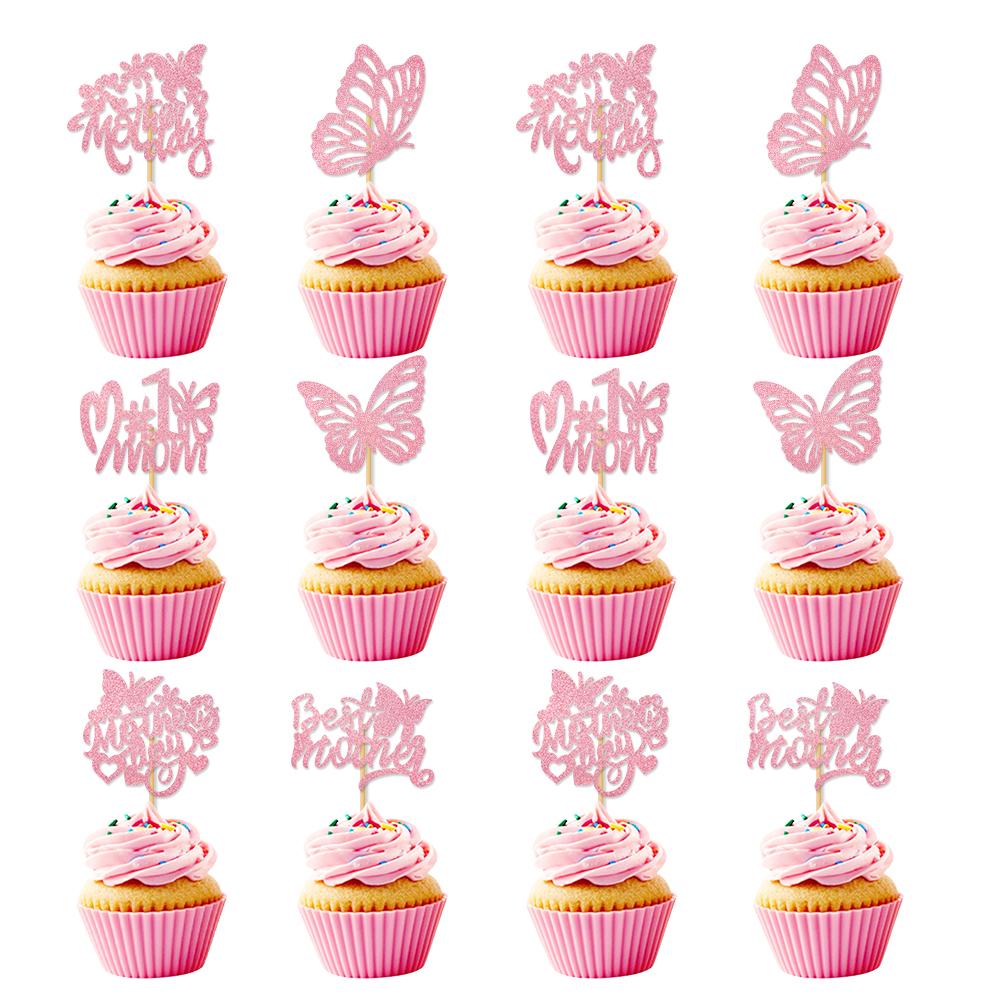 

12/24pcs Glitter Pink Happy Mother s Day Cupcake Topper Butterfly flower Cake decoration for Mother s Day Mom s Birthday Party 12pcs