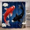 Koi Fish Shower Curtain 180x180cm – Japanese Ink Style with Black White Orange Koi, Misty Blue Floral Background, 12 Hooks