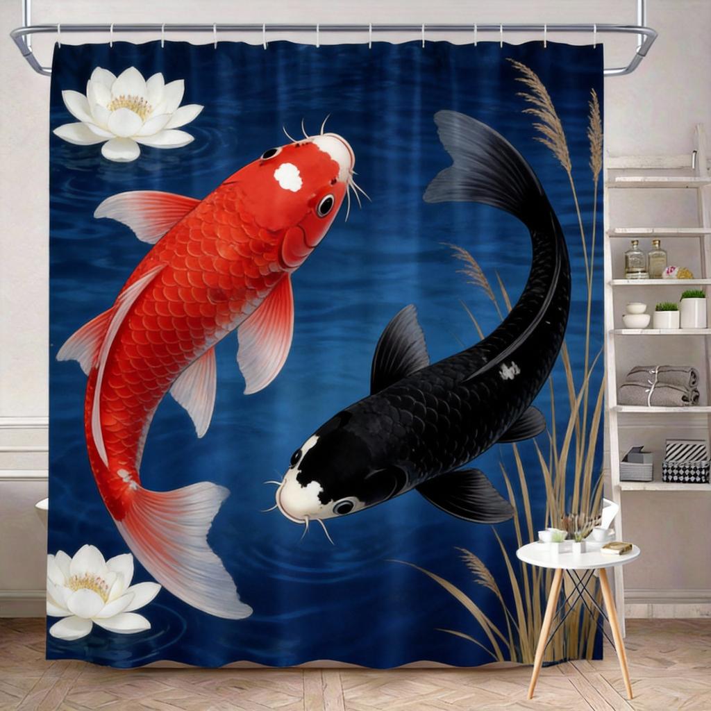 Koi Fish Shower Curtain 180x180cm – Japanese Ink Style with Black White Orange Koi, Misty Blue Floral Background, 12 Hooks