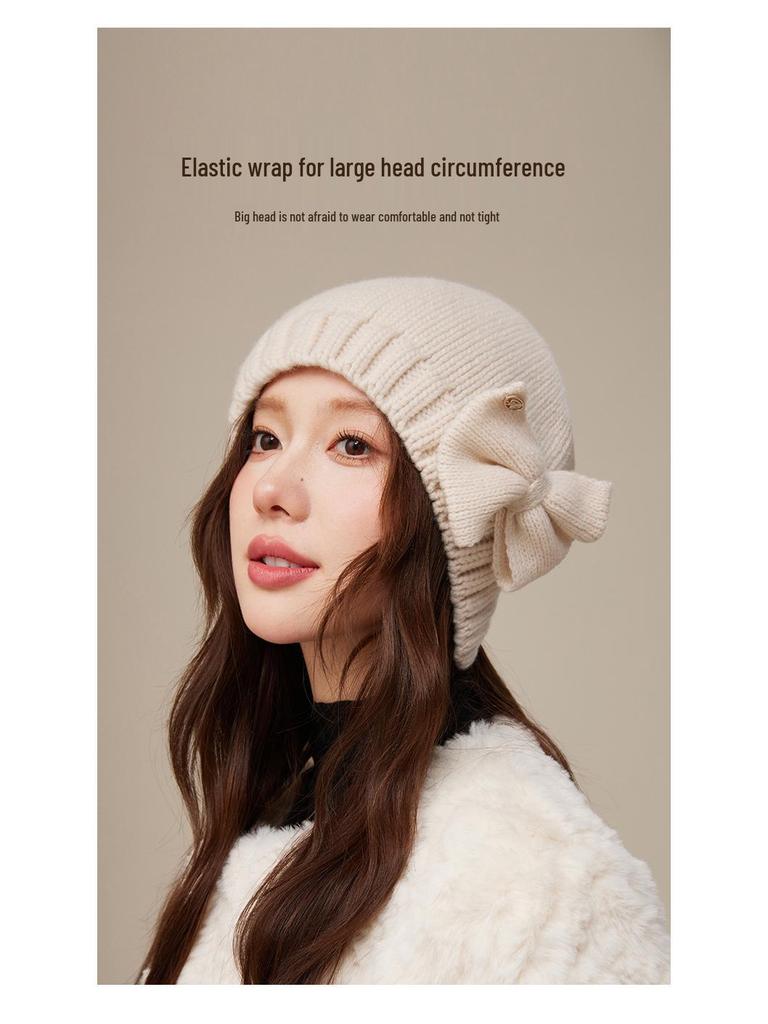Women's Pure Wool Knitted Hat with Bow - Warm, Fashionable, Ear-Protecting, and Face-Slimming for Autumn and Winter