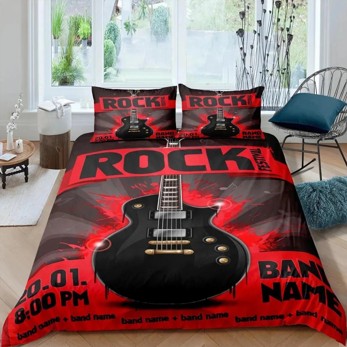 

Rock Music King Queen Duvet Cover Electric Guitar Punk Style Bedding Set Youth Fashion Hip Hop Polyester Comforter Cover EU Single(135*200cm)3pcs
