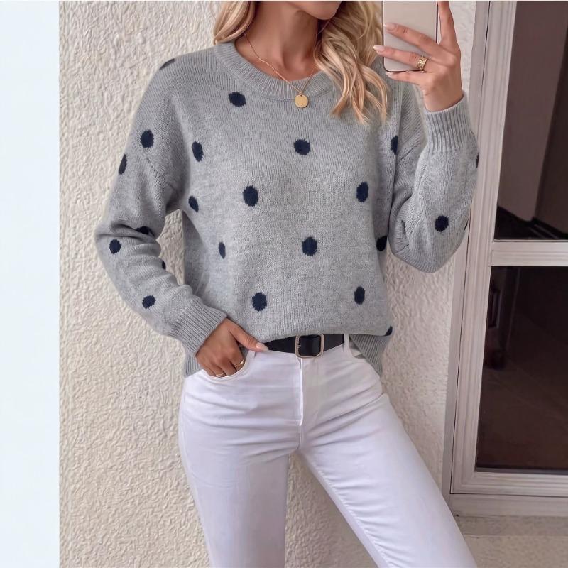 Women S Polka Dot Jacquard Knit Loose Long Sleeve Pullover Sweater