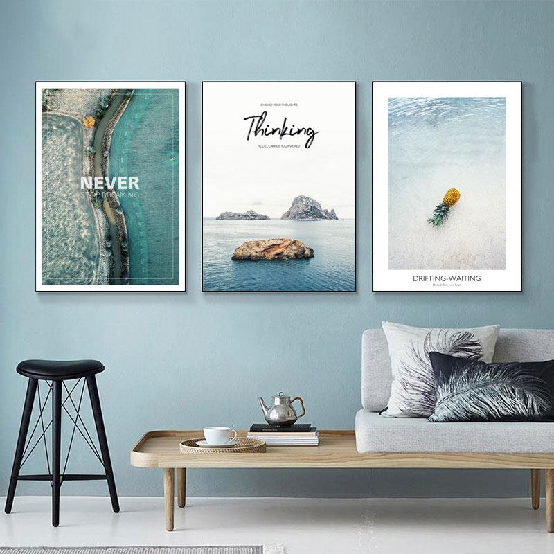 Nordic Style Beautiful Seascape Canvas Painting Beach Building Wall Art Posters Pineapple Stone Sea Pictures for Room Home Decor