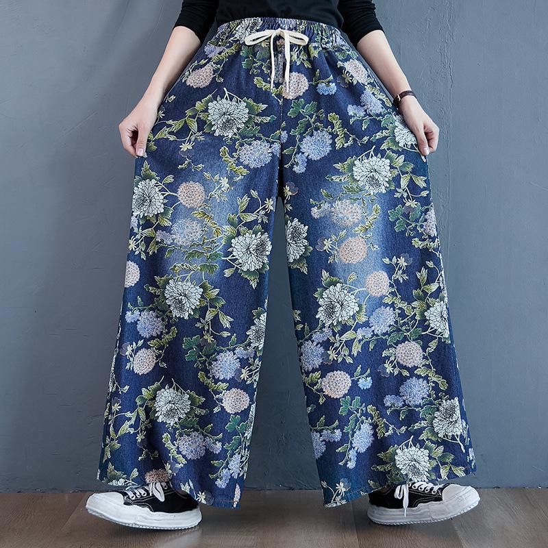 Retro High-Waisted Wide-Leg Printed Denim Skirt Pants L