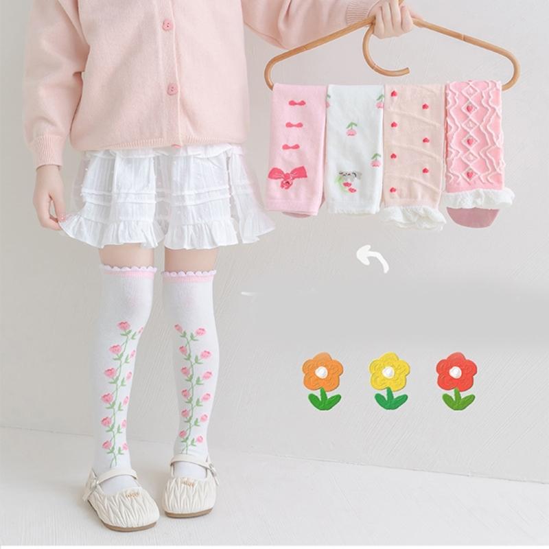 Children's Knee Length Cotton Socks Baby Girls Long Tube Socks Soft Stockings Flower Pattern for School Uniforms