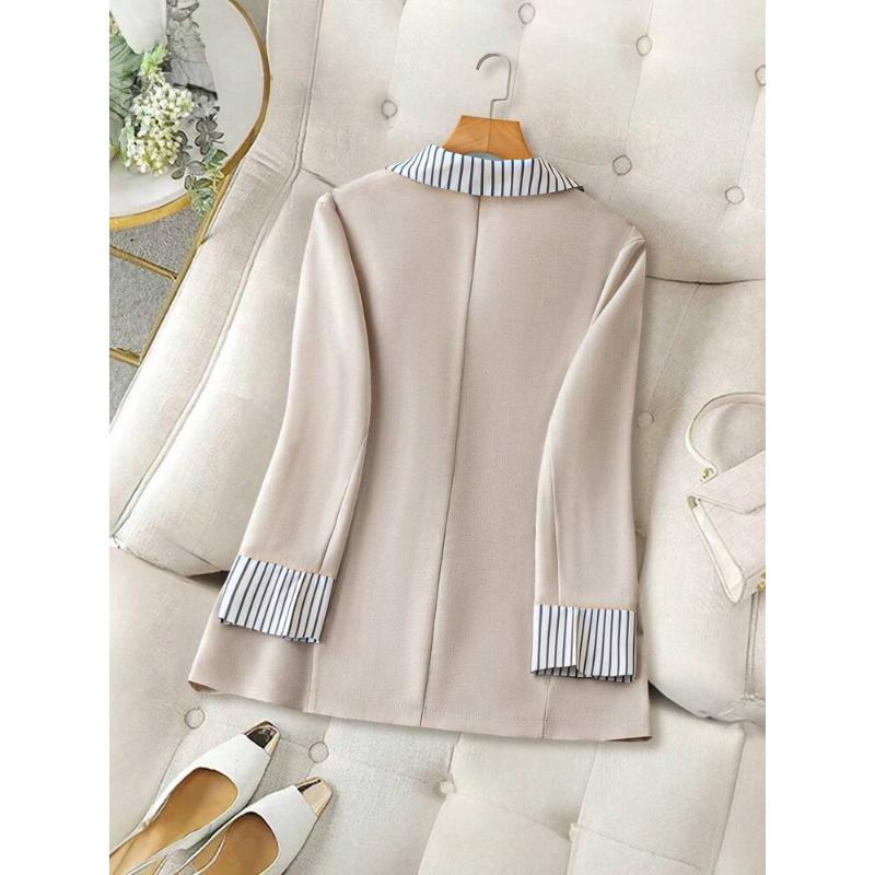 Autumn Winter Elegant Fashion Striped Patchwork Cardigan Blazers Women Turn Down Collar Casual Suit Coat