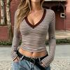 Women's Striped Long Sleeve V-Neck T-Shirt Slim Fit