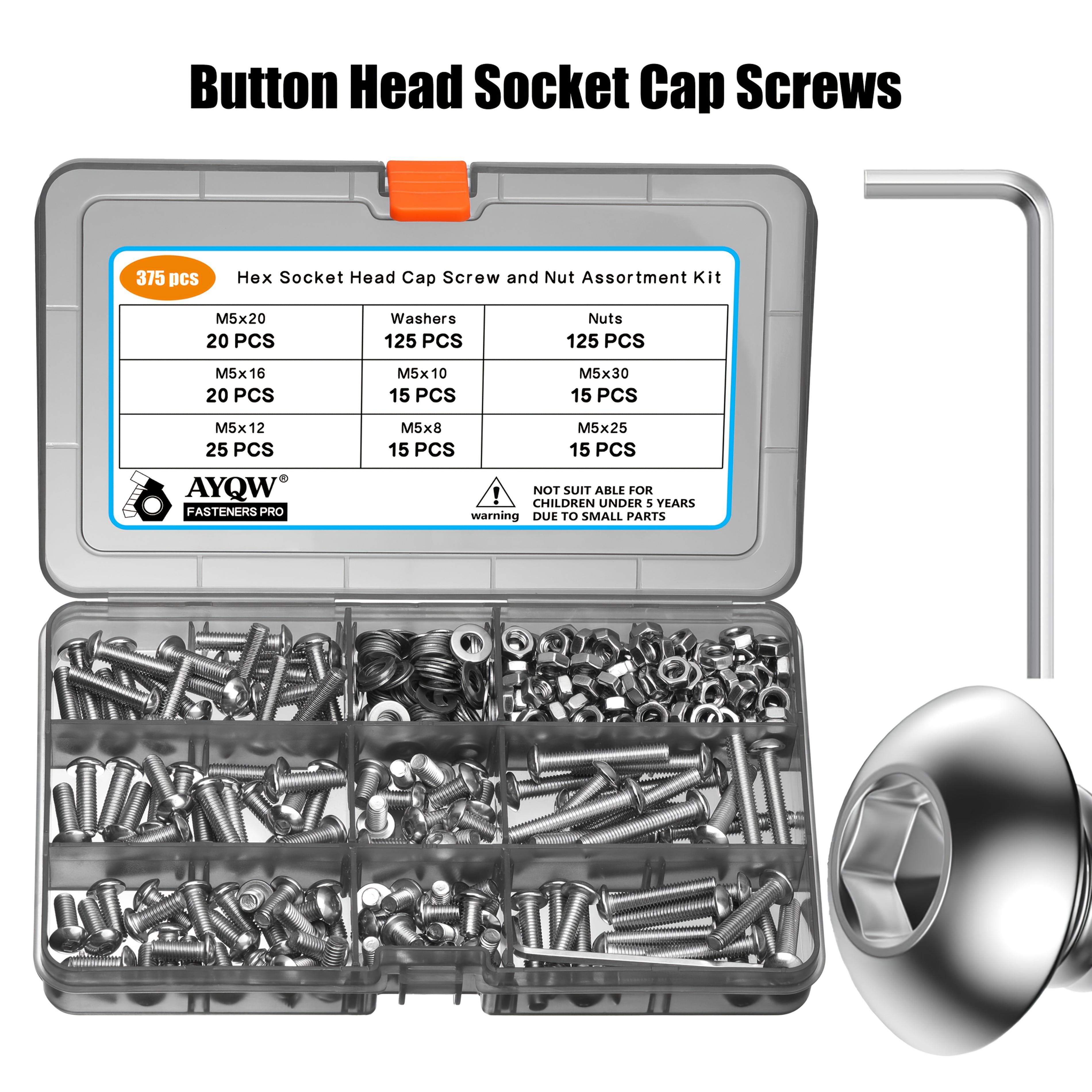 

375Pcs M5 Metric Screw Assortment, 304 Stainless Steel Nuts and Bolts, Hex Socket Head Cap Metric Bolts/Nuts/Flat Washers Kit