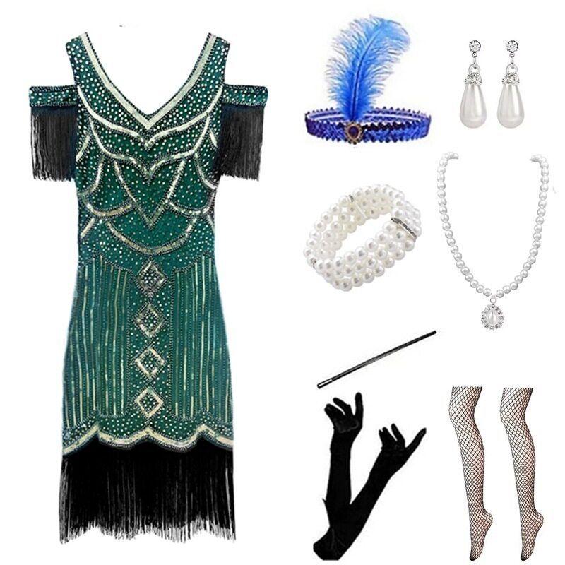 

1920S Halloween New Evening Dress with Fringe, Great Gatsby Banquet Carnival Sequin Dress Green 4 S