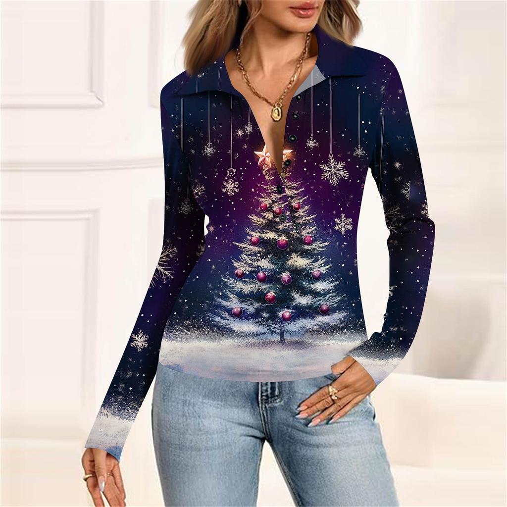 Damenmode Lässig Bedrucktes V-Ausschnitt Langarm Knopfleiste Oberteil