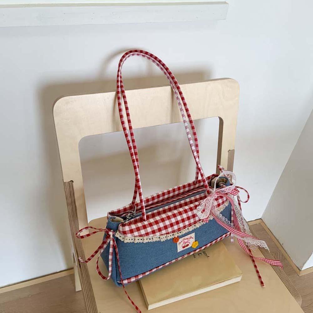 Denim Blue French Stick Handbag Sweet Cloth Underarm Bags All-match Plaid Shoulder Bag Women