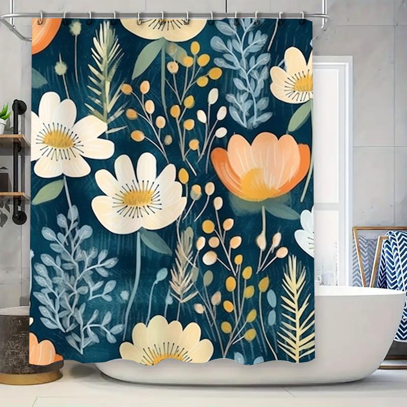 

Rustic Floral Shower Curtain Blue White Yellow Orange Bathroom Decor Privacy Rod Pocket Hook For Home Use Modern Design Waterpro W60H190(CM)-1 Pcs