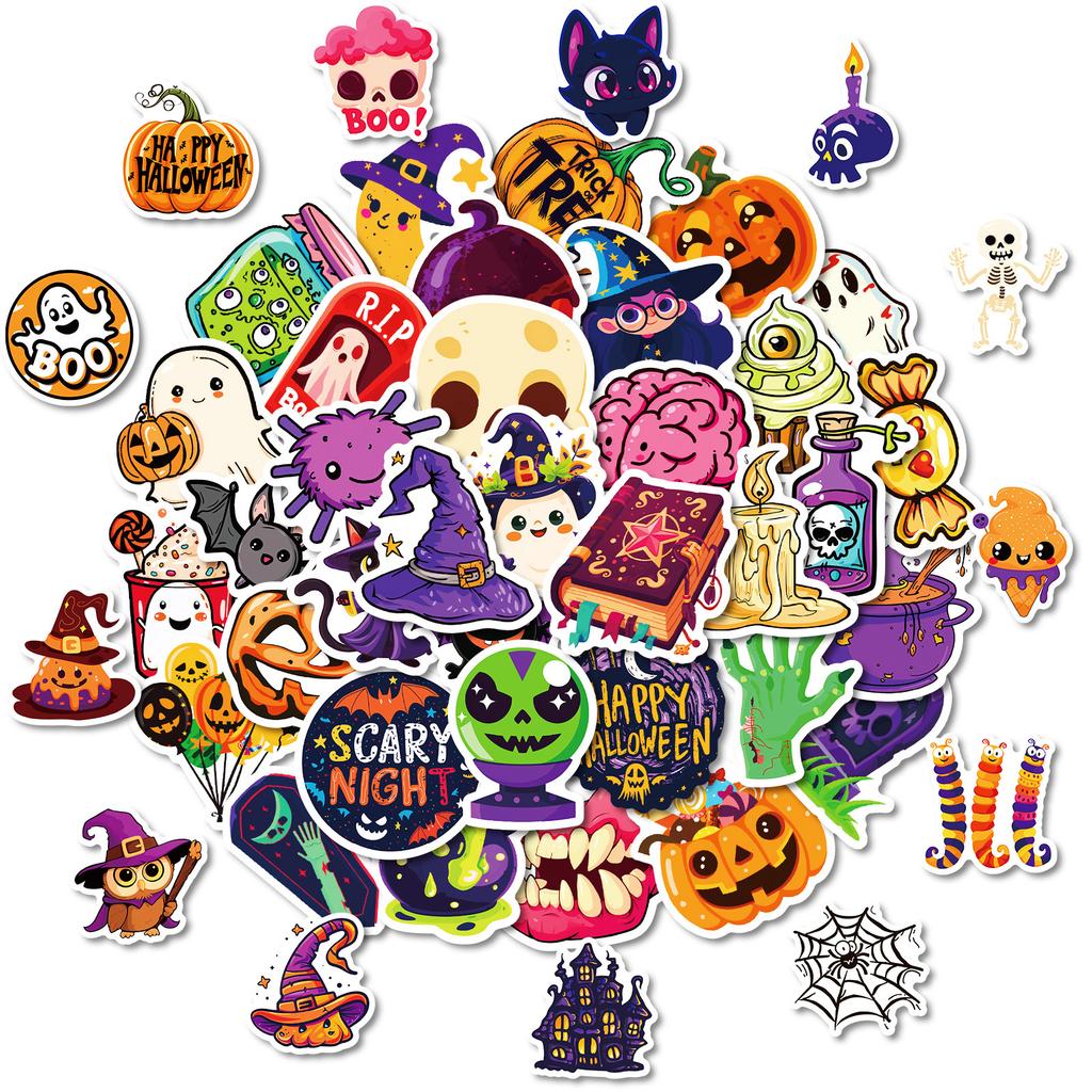 50pcs Halloween stickers featuring pumpkins, ghosts, and bats, perfect for waterproof DIY planner decorations gifts for kids
