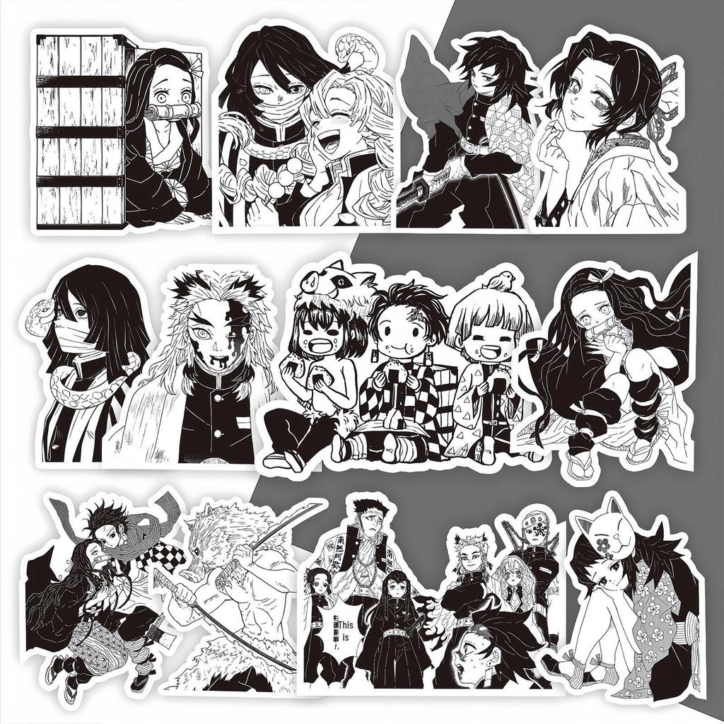 Demon Slayer Black & White Stickers: Tanjiro, Tomioka, Nezuko, Shinobu for Notebook Decoration