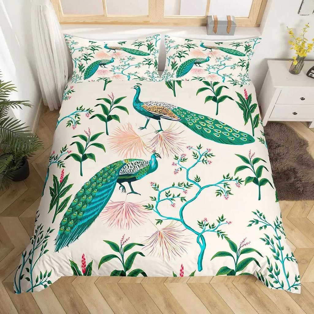 Conjunto de Capa de Edredom Pavão de Luxo Tamanho Twin King Queen Selva Selvagem Animal Capa de Colcha Microfibra Pássaro Exótico Animal Conjunto de Roupa de Cama