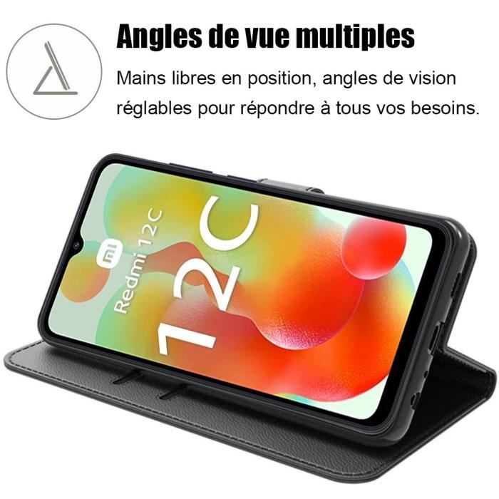 Coque pour Xiaomi Redmi 12C-11A avec 2 Verres Trempés - Protection Effet Cuir Noir Fermeture Magnétique