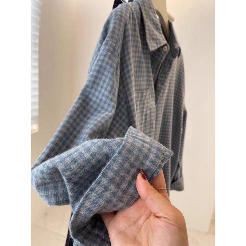 Damen Blau Kariert Retro Hemdjacke - Verdickt, Lockere Passform für Herbst/Winter