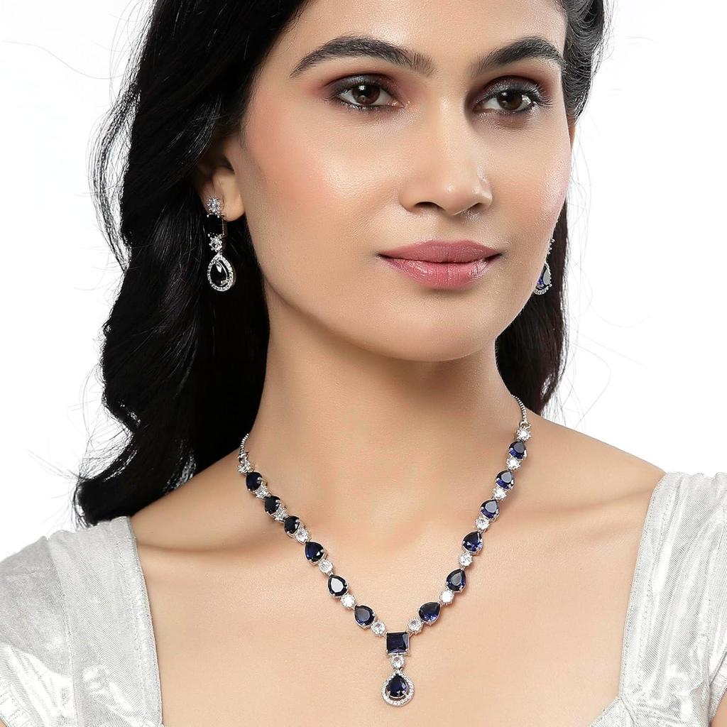 Rhodium-Plated American Diamond Studded Fashionable Necklace With Earrings Jewellery Set For Girls and Women