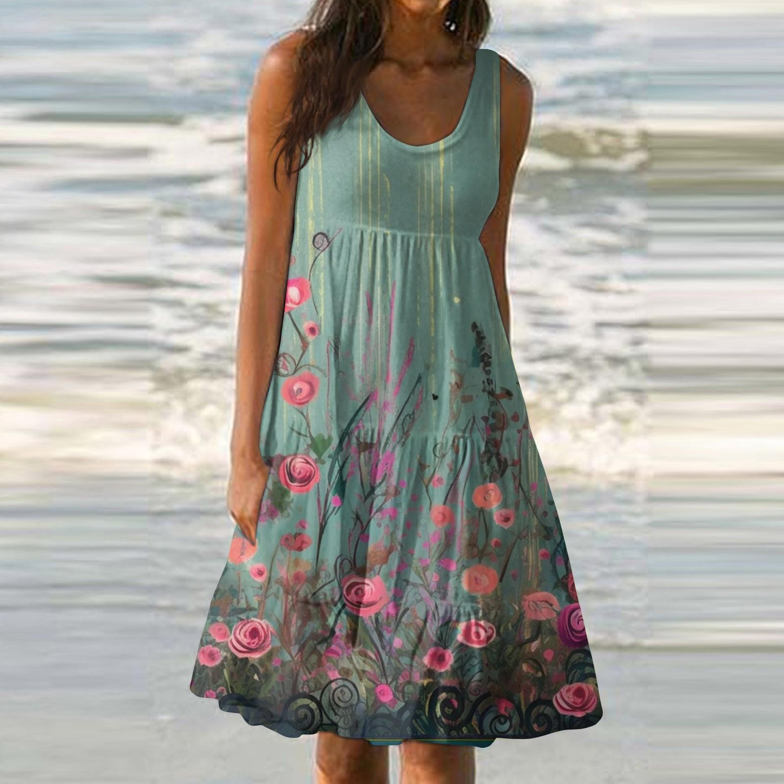 Женское летнее модное свободное повседневное пляжное платье без рукавов с принтом — фото 11