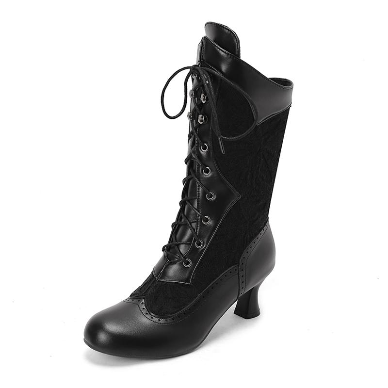 Women's Costume Cosplay Shoes Retro Mid Calf Boots Burnout Kitten Heels Front Bandage Patchwork Boots