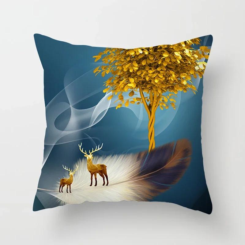 Black Gold Drawing Leaf Elk Tree Bird Butterfly Printed Square Pillowslip Polyester Cushion Cover Pillowcase Living Room Home