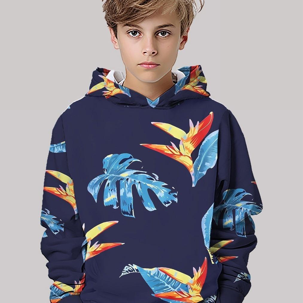 

3D digital printed island style, tropical plant full print hooded sweatshirt, fashionable and trendy casual children s clothing, perfect gift 13-14Y