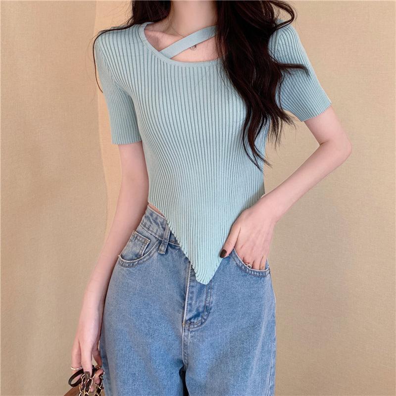 Design Sense Irregular Exposed Collarbone Versatile Chic Short Section Knit Short-sleeved Tops Casual Essential Comfort Style Slim Fit Pullovers Tees