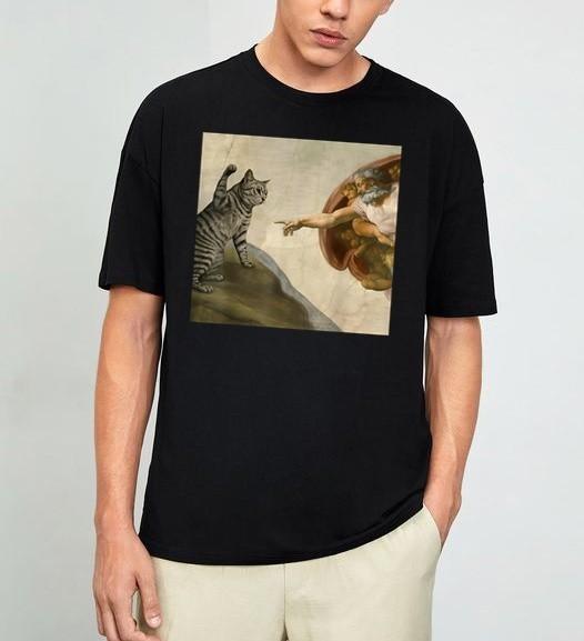 Funny Cat Meme in Creation of Adam Parody T-Shirt Size S-4XL S разноцветный
