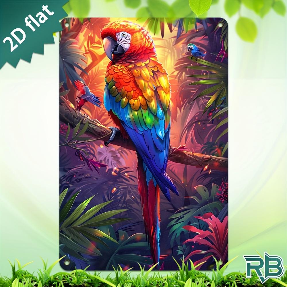 New Trendy HD Metal Wall Art Vibrant Tropical Jungle Parrot Scene D Flat Tin Sign Colorful Rainbow Macaw Perched on Branch 20x30cm(7.8x11.8inch)