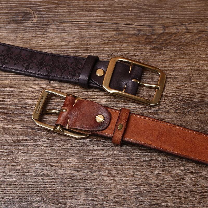Belt Men's Copper Pin Buckle Thickened First Layer Cowhide Men's Genuine Leather Retro Engraved Export Belt Locomotive Men's Models