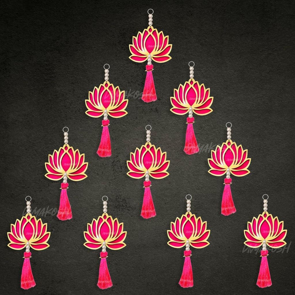 Lotus Hangings, Pack of 10 | Pink | Decoration Home Decor Wall Door Mandir Pooja Room, Pink Lotus Tassel Wall Hanging, Wedding Backdrop Decorative