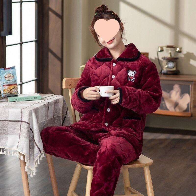 Pajamas women's winter warm winter fleece thickened coral fleece three layers of cotton autumn and winter women's loungewear