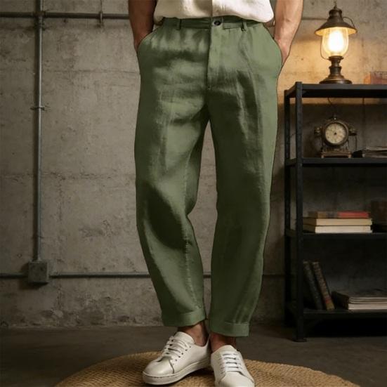 Heren Broek Middelhoge Taille Knop Rits Sluiting Casual Broek met Zakken Effen Kleur Losse Pasvorm Lichtgewicht Ademende Broek