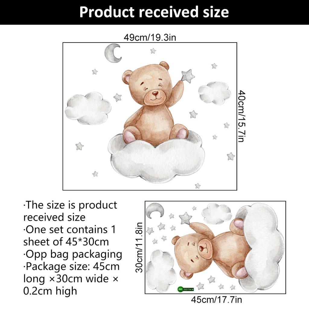 Tecknad Söt Björn Väggklistermärken Björn Moln Måne och Stjärna Väggdekaler för Barnrum Pojk Flickrum Barnkammare Tapetdekoration
