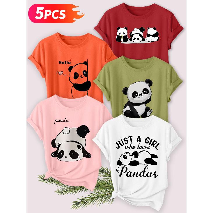 Five-piece set Elegant short-sleeved shirt for women Panda series printed round-neck women's short-sleeve shirt is suitable for spring and summer
