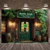 2D Vintage Irische Vieux Pub Fassade Hintergrund mit Grünem Efeu und Klee