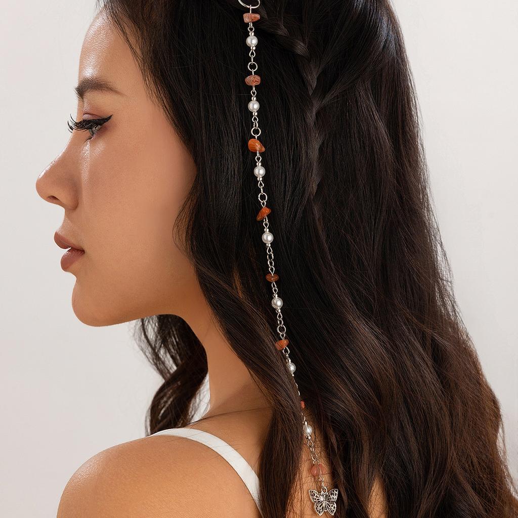 Holiday Style Natural Stone Long Gravel Chain Braided Hair Dreadlocks Hair Jewelry Butterfly Star Headdress Women