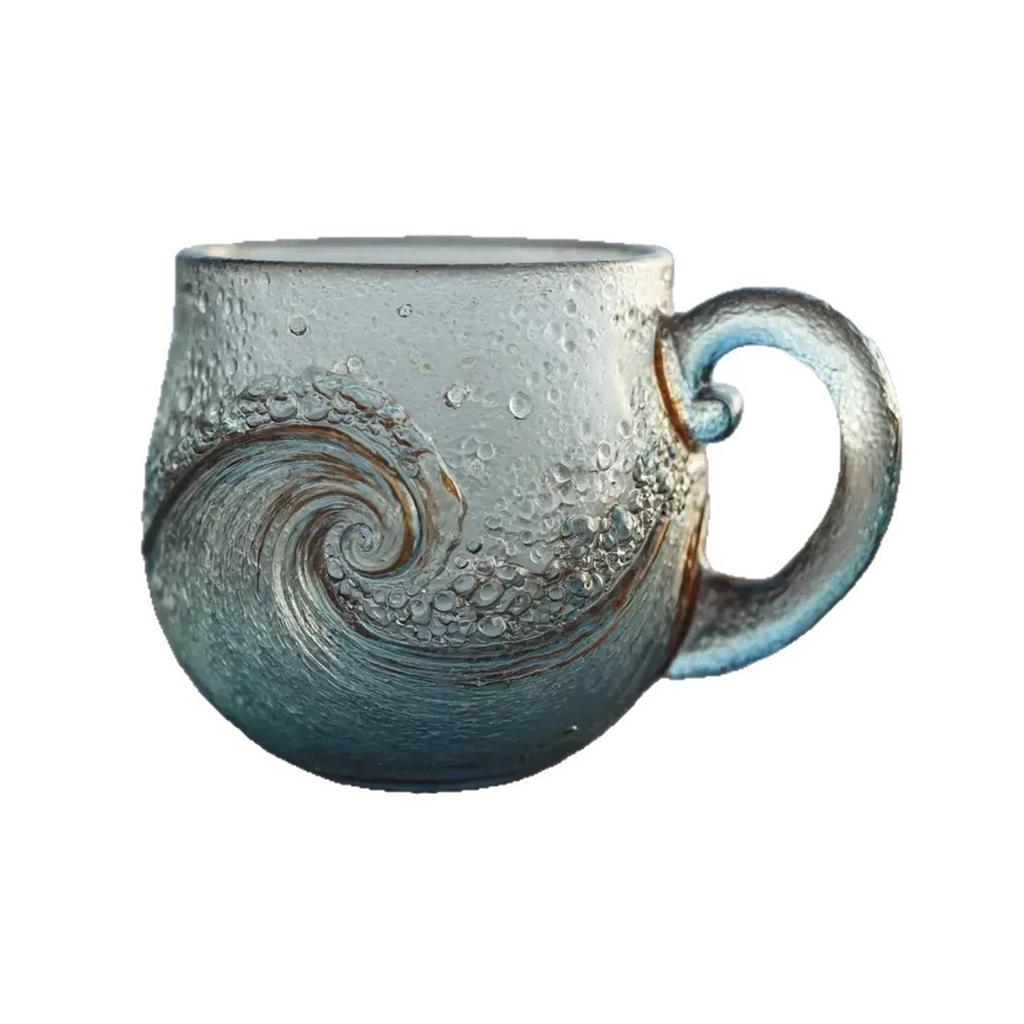 Kubek Szklany Wave 350ml Ręcznie Robiony Kubek w Stylu Oceanu z Unikalną Falistą Teksturą do Kawy Herbaty i Soku Napoje Gorące Zimne