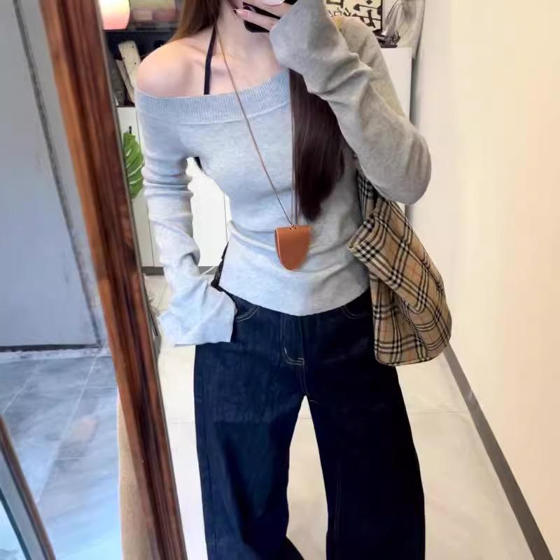 

Women s Gray Off-Shoulder Knitted Sweater: Slimming, Long-Sleeve Spring Top S (recommended for 75-95 jin)