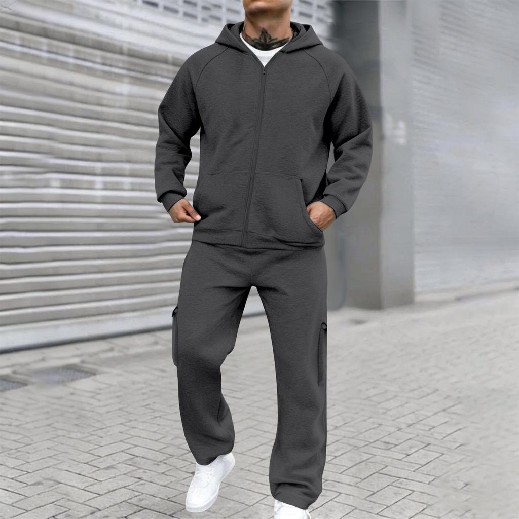 Men's Casual Two Piece Outdoor Set - Pullover Sweatshirt with Elastic Waist Cargo Pants