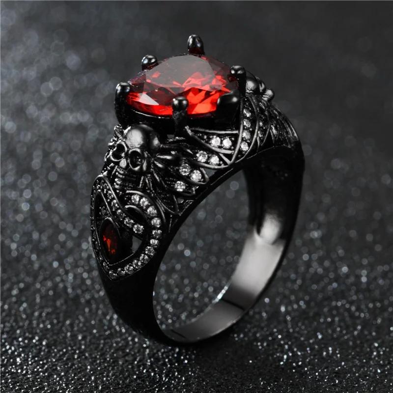 Women Gothic Skull Ring, Black CZ Crystal Inlaid, Retro Silver Plated Band, Dark Fashion Jewelry Gift for Party Wedding
