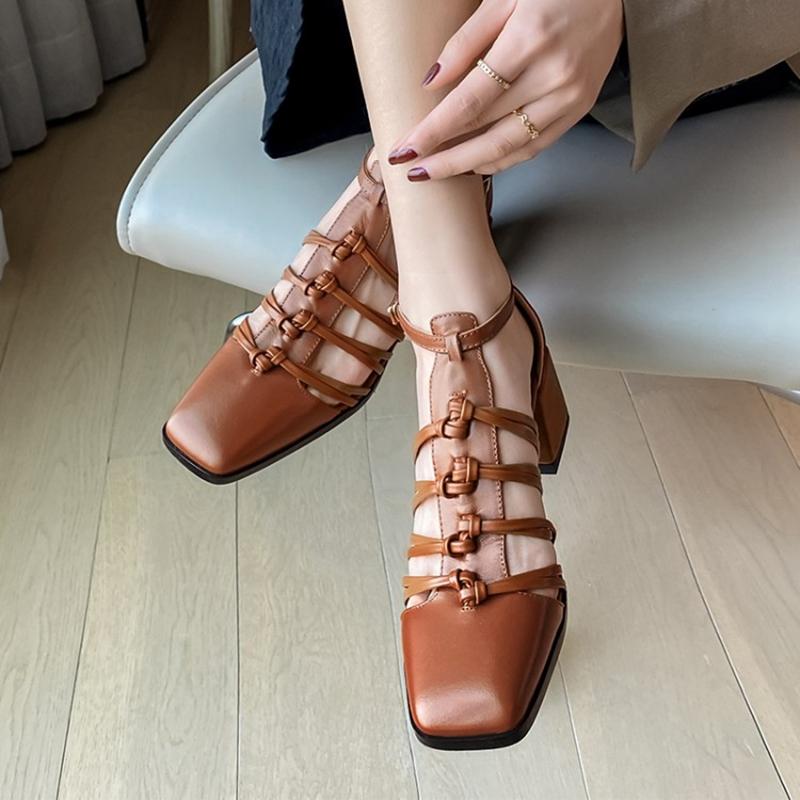Fashion HOT SALES Summer Shoes Women Square Toe Cover Heel Gladiator Modern Sandals Geunine Leather Chunky Heel High Heel Woven Sandals