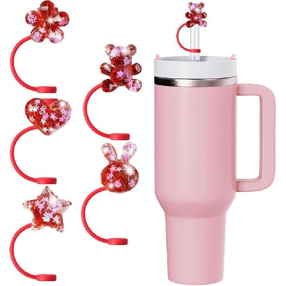 5Pcs Blling Bow Straw Cover Silicone Colorful Covers Cap for Stanley Cup 30&40 Oz Tumblers Lovely Reble Straws Cute Tumbler Straw Topper Accessories