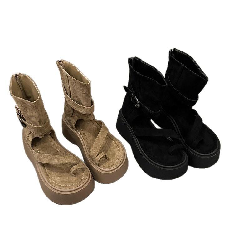 Vintage Platform Roman Sandals Women's 2025 Summer New Fashion Set Toe High-top Sandals Heightening Rear Zipper Short Boots